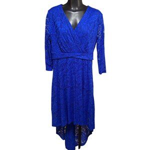 Royal Blue Lace Hi Low Dress XL V Neck 3/4 Sleeve A Line Wedding Cocktail